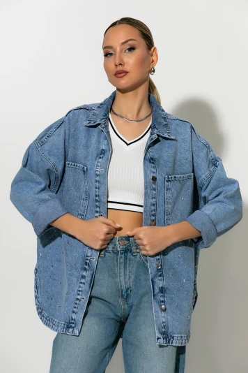 Jean jacket με τρουκς και στρας μπλε