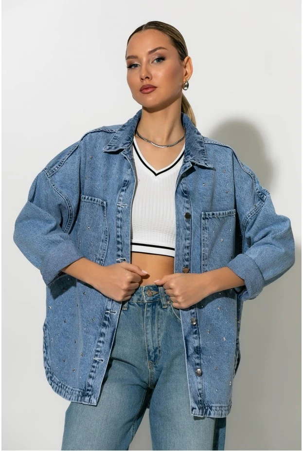 Jean jacket με τρουκς και στρας μπλε