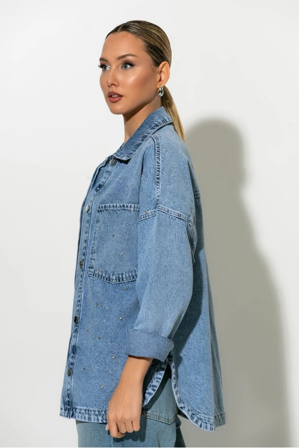 Jean jacket με τρουκς και στρας μπλε Jean jacket με τρουκς και στρας μπλε