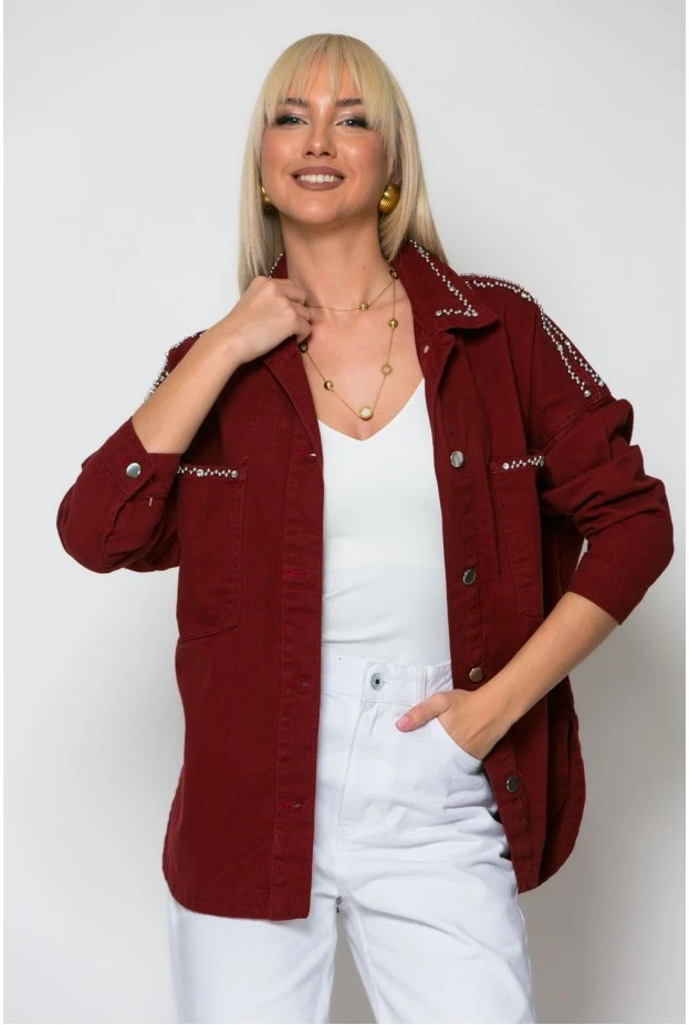Jean jacket με τρουκς και στρας μπορντό