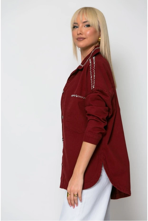 Jean jacket με τρουκς και στρας μπορντό