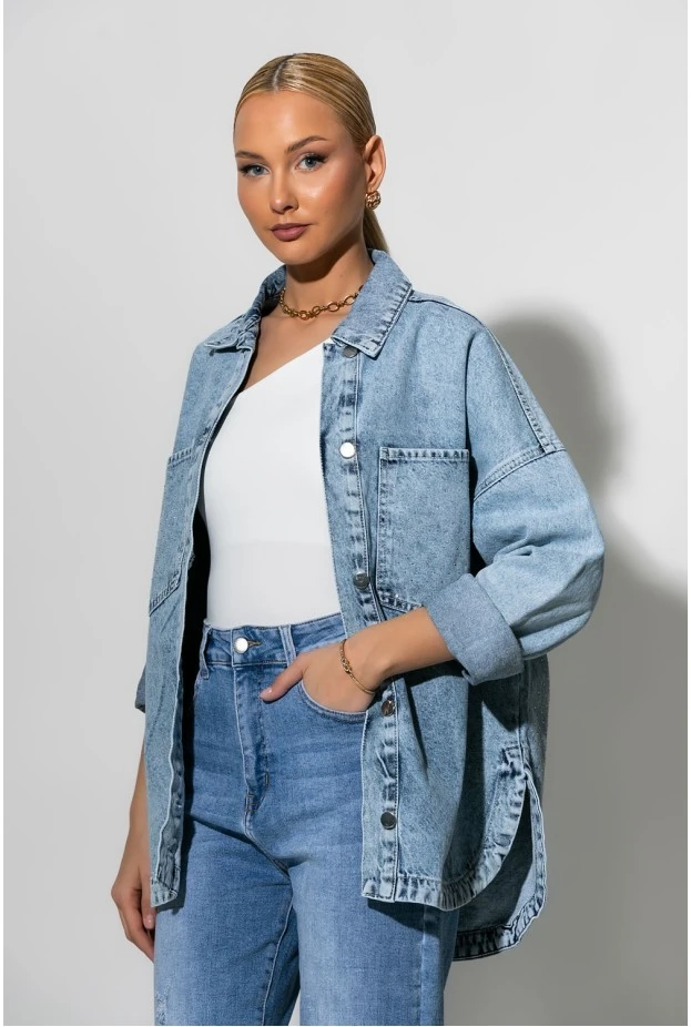 Jean jacket με στρας στην τσέπη και στην πλάτη μπλε ανοιχτό