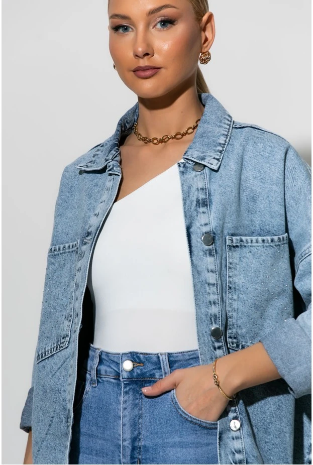 Jean jacket με στρας στην τσέπη και στην πλάτη μπλε ανοιχτό
