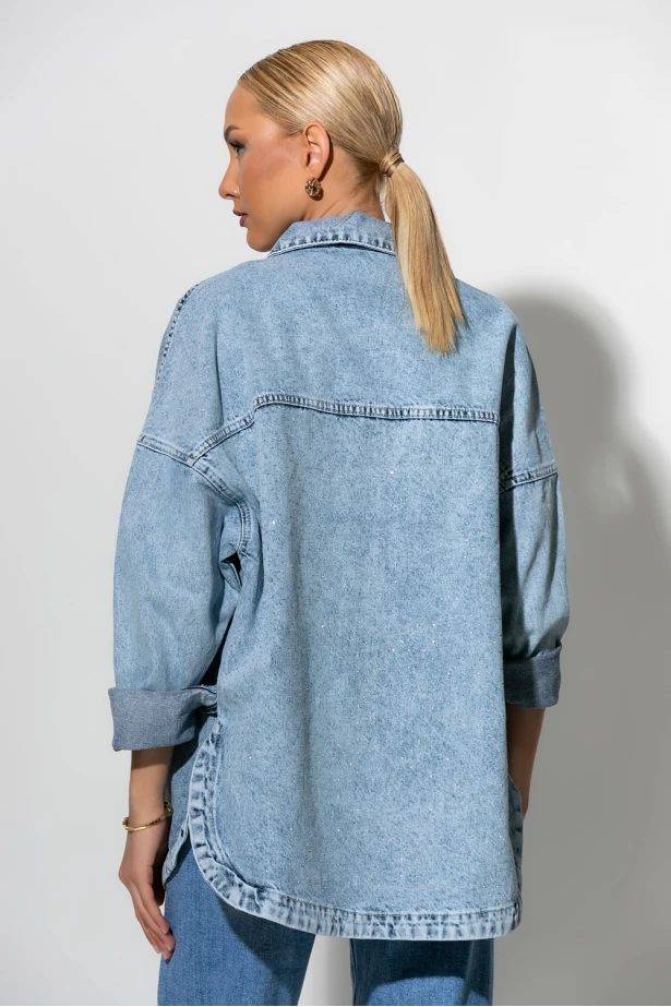 Jean jacket με στρας στην τσέπη και στην πλάτη μπλε ανοιχτό Jean jacket με στρας στην τσέπη και στην πλάτη μπλε ανοιχτό