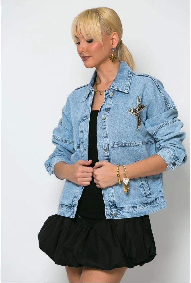 Jean jacket με leopard strass μπλε
