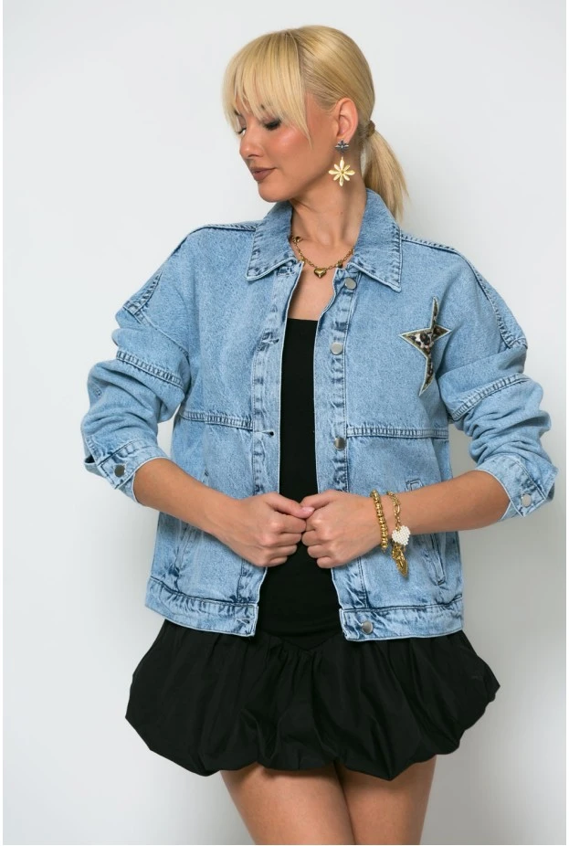 Jean jacket με leopard strass μπλε