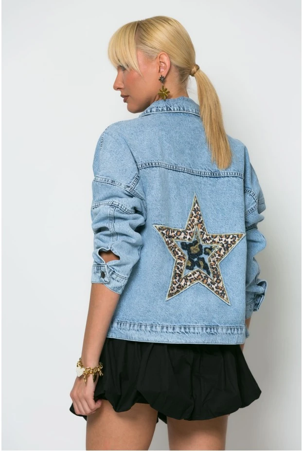 Jean jacket με leopard strass μπλε