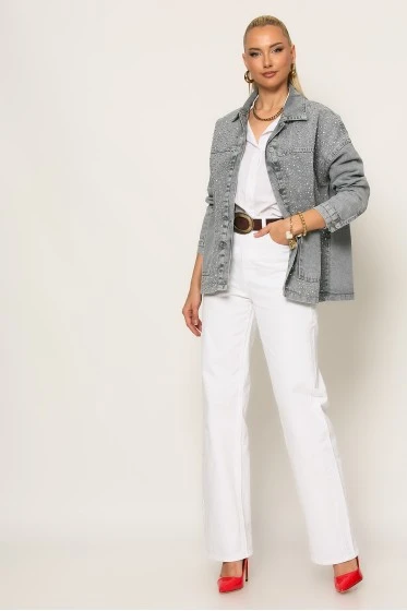 Jean jacket με στρας γκρι