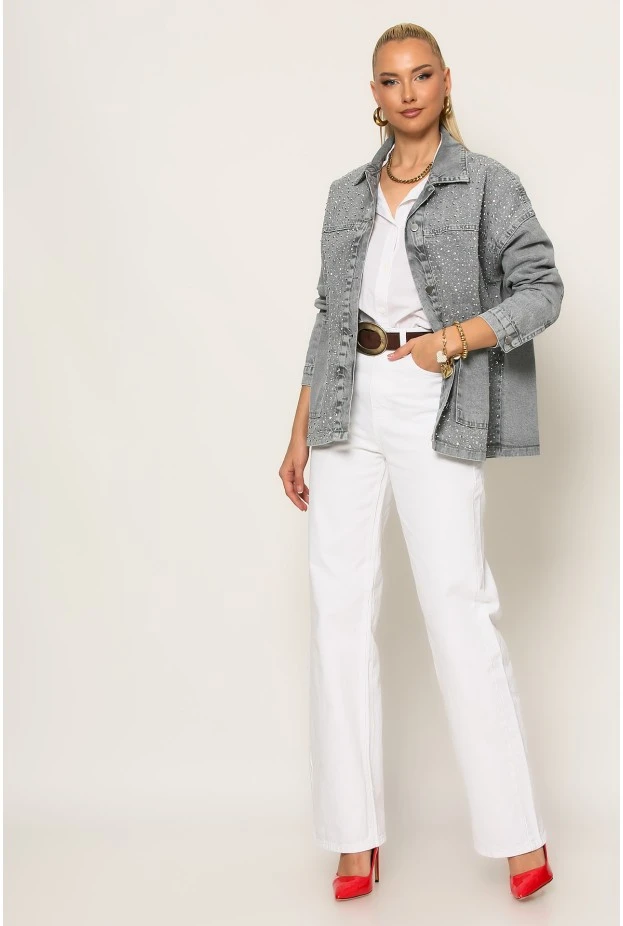 Jean jacket με στρας γκρι