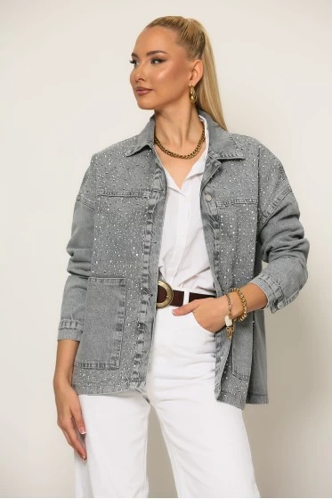 Jean jacket με στρας γκρι