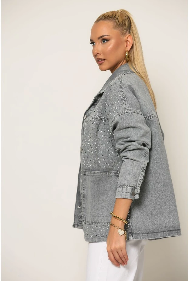Jean jacket με στρας γκρι