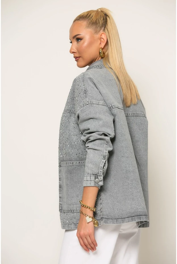 Jean jacket με στρας γκρι