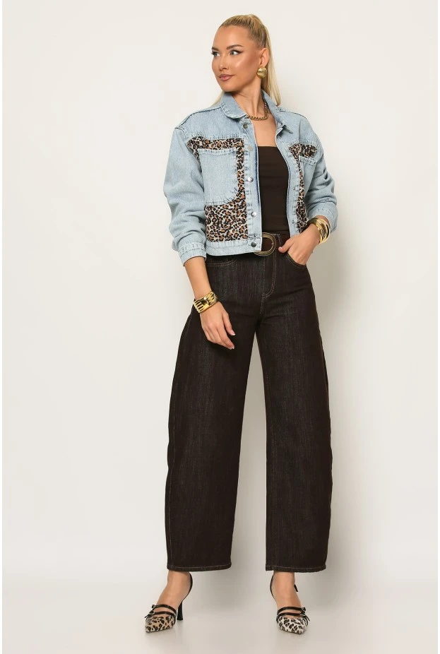Jean jacket cropped με λεοπάρ λεπτομέρεια μπλε ανοιχτό