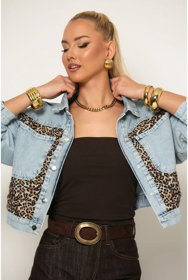 Jean jacket cropped με λεοπάρ λεπτομέρεια μπλε ανοιχτό