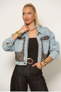 Jean jacket cropped με λεοπάρ λεπτομέρεια μπλε ανοιχτό