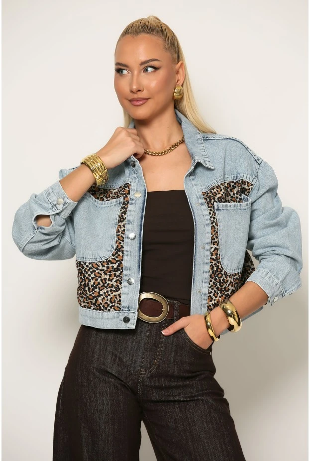 Jean jacket cropped με λεοπάρ λεπτομέρεια μπλε ανοιχτό