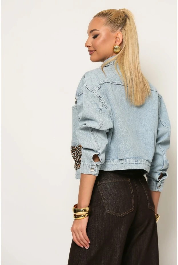 Jean jacket cropped με λεοπάρ λεπτομέρεια μπλε ανοιχτό