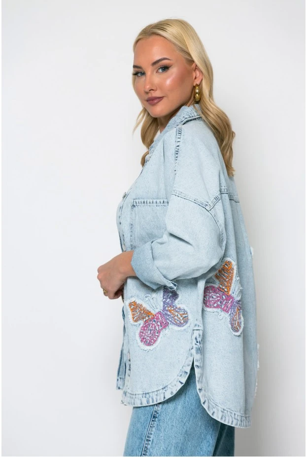 Oversized jean jacket με patch πεταλούδες μπλε