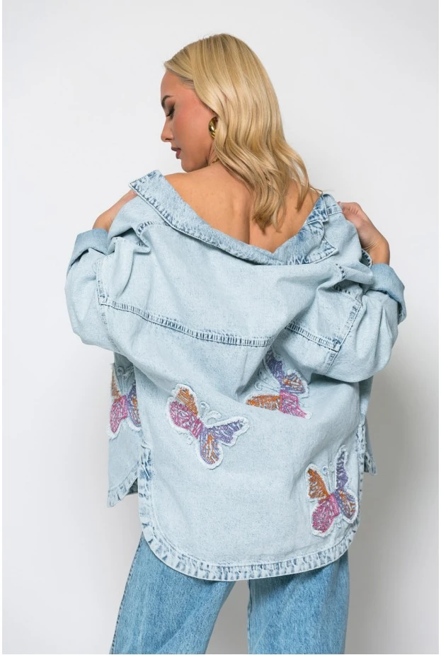 Oversized jean jacket με patch πεταλούδες μπλε