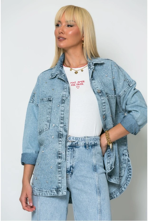 Jean jacket με στρας μπλε ανοιχτό