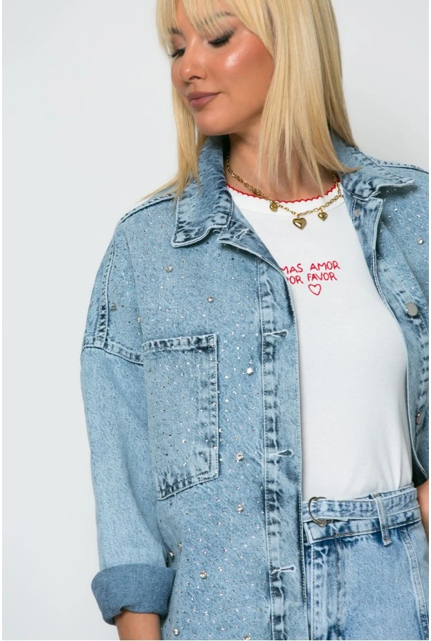 Jean jacket με στρας μπλε ανοιχτό