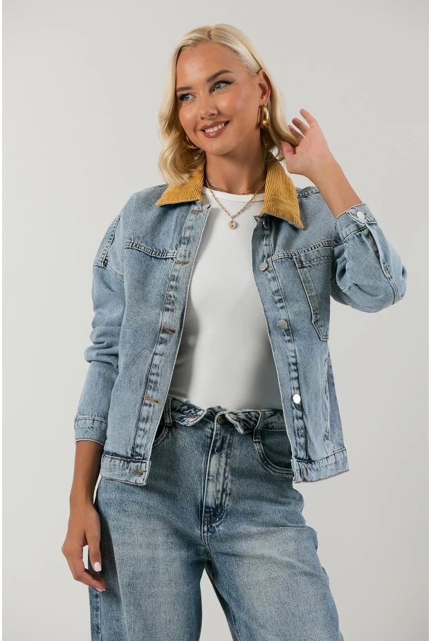 Jean jacket με κοτλέ γιακά μπλε ανοιχτό