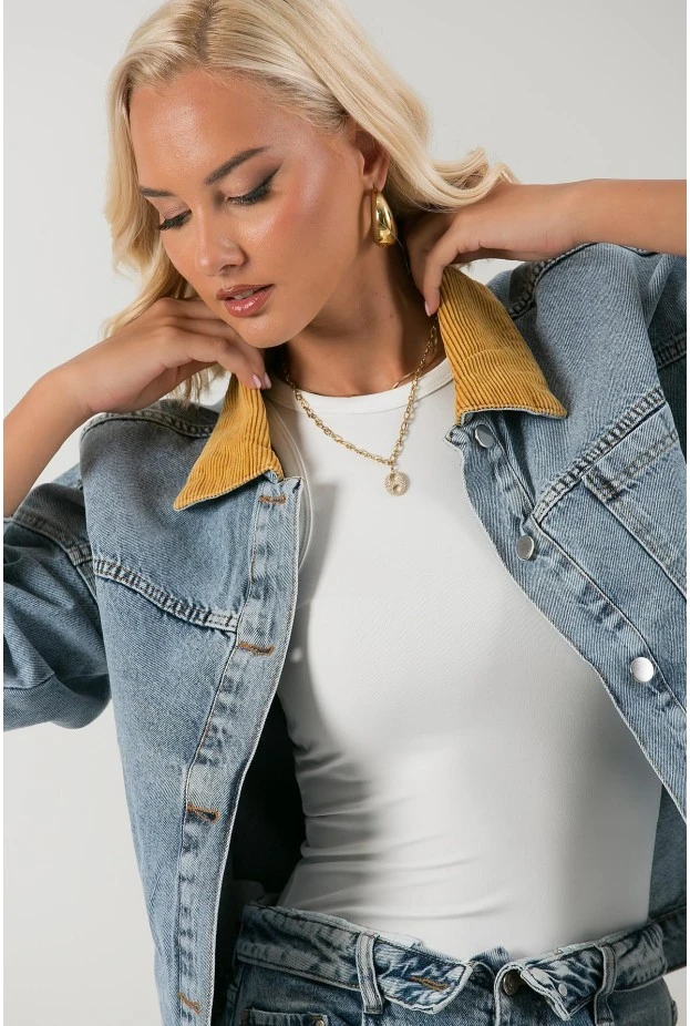 Jean jacket με κοτλέ γιακά μπλε ανοιχτό