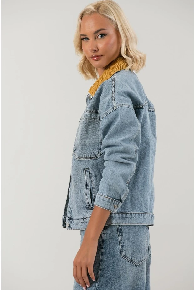 Jean jacket με κοτλέ γιακά μπλε ανοιχτό