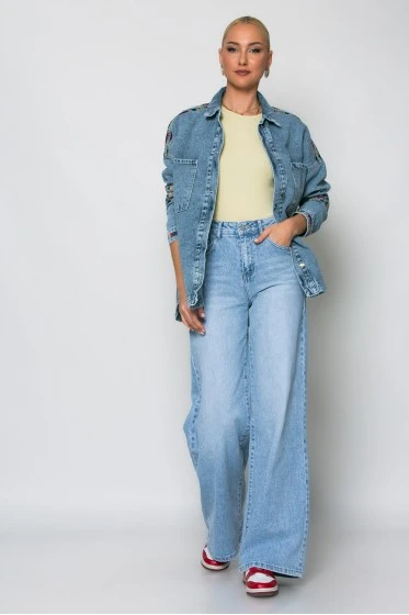Oversized jean jacket με boho πολύχρωμα κεντήματα μπλε