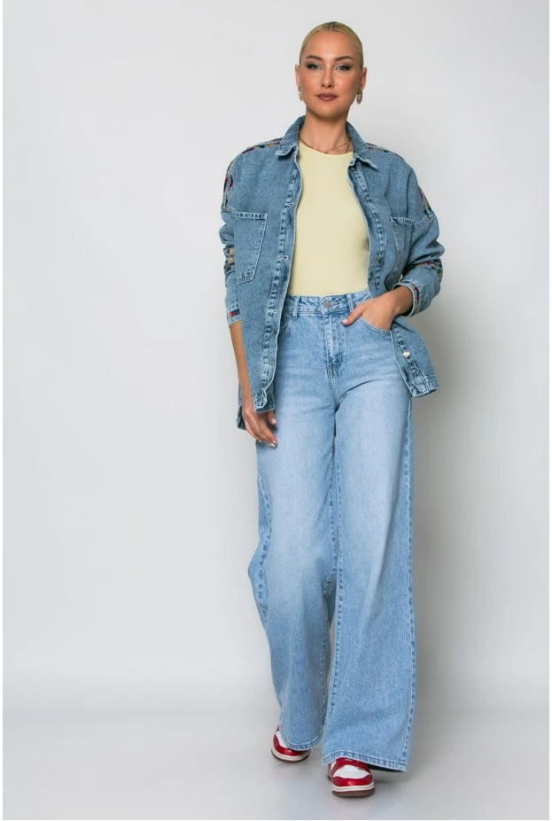 Oversized jean jacket με boho πολύχρωμα κεντήματα μπλε