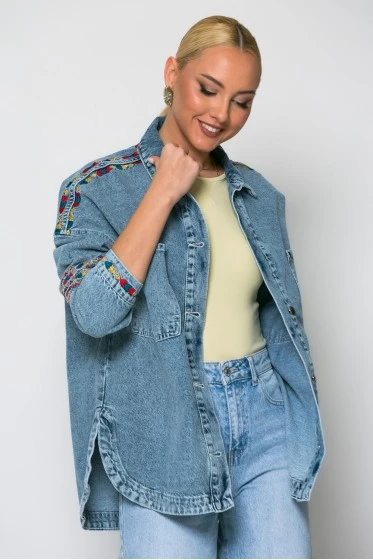 Oversized jean jacket με boho πολύχρωμα κεντήματα μπλε