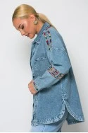 Oversized jean jacket με boho πολύχρωμα κεντήματα μπλε
