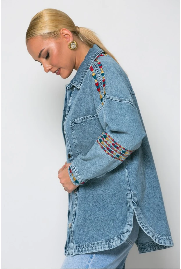 Oversized jean jacket με boho πολύχρωμα κεντήματα μπλε