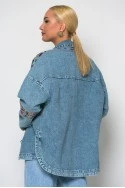 Oversized jean jacket με boho πολύχρωμα κεντήματα μπλε