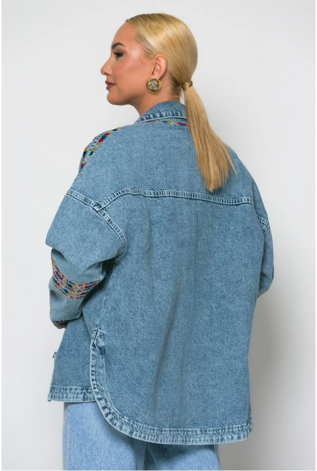 Oversized jean jacket με boho πολύχρωμα κεντήματα μπλε