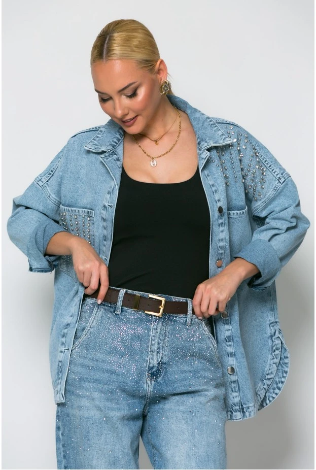 Oversized jean jacket με στρας μπλε