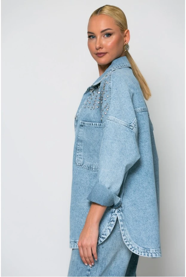 Oversized jean jacket με στρας μπλε