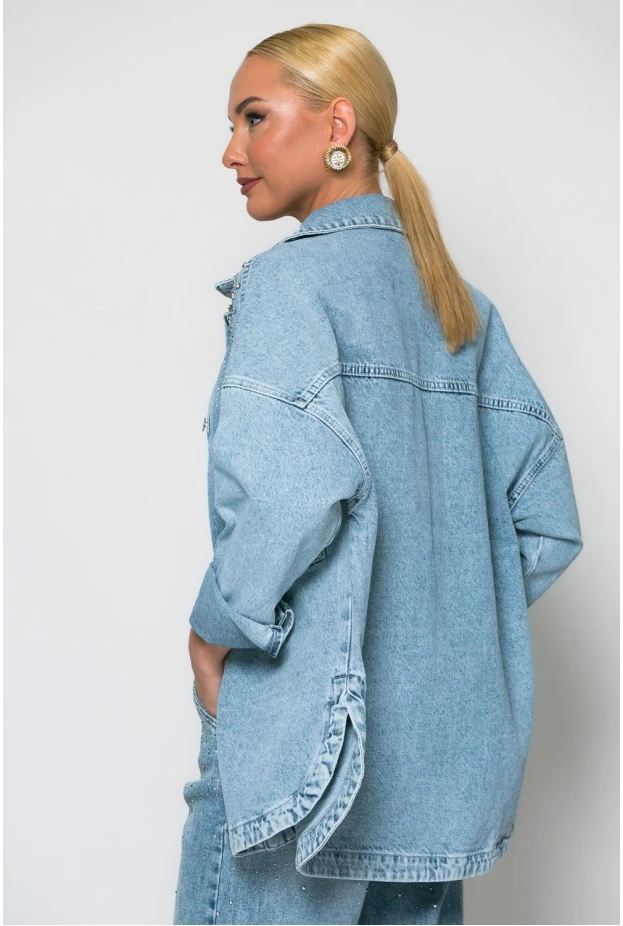 Oversized jean jacket με στρας μπλε