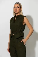 Σετ baggy παντελόνι και cropped γιλέκο με ζωνάκι και φερμουάρ χακί Σετ baggy παντελόνι και cropped γιλέκο με ζωνάκι και φερμουάρ χακί