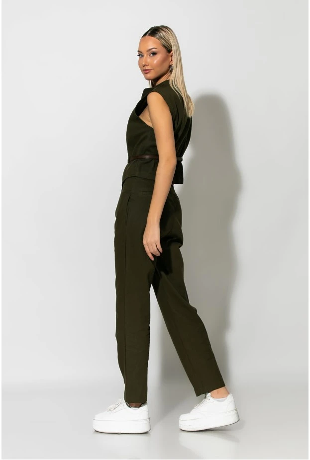 Σετ baggy παντελόνι και cropped γιλέκο με ζωνάκι και φερμουάρ χακί