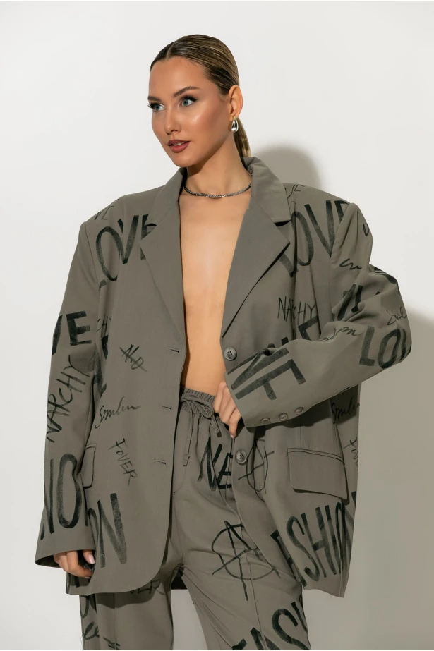 Oversized Blazer graffiti-style prints γκρι μπεζ Oversized Blazer graffiti-style prints γκρι μπεζ