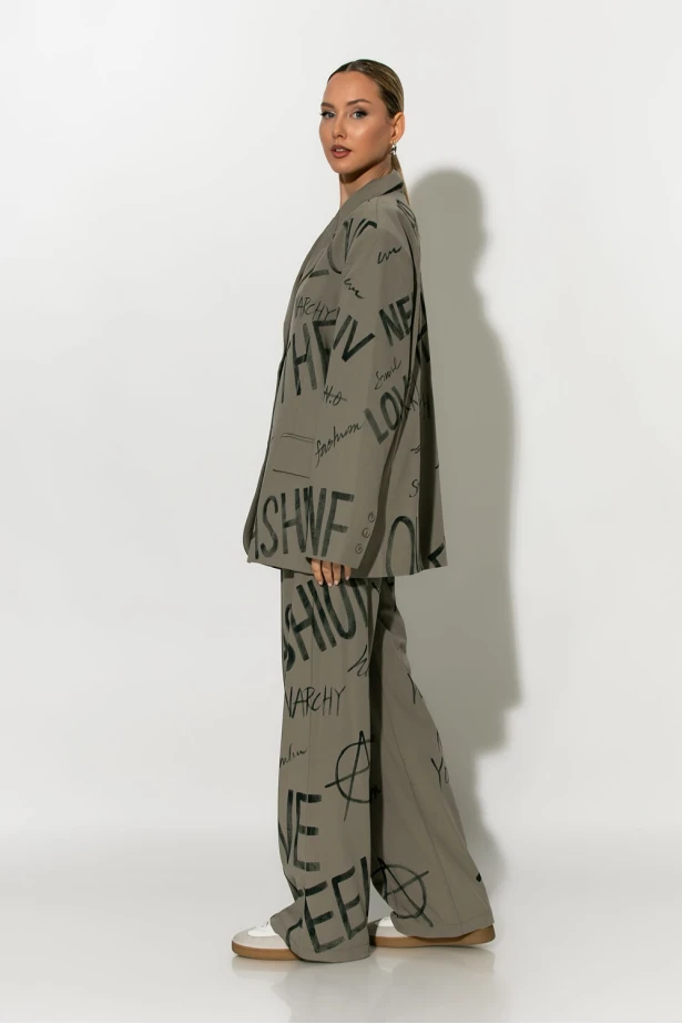 Oversized Blazer graffiti-style prints γκρι μπεζ Oversized Blazer graffiti-style prints γκρι μπεζ