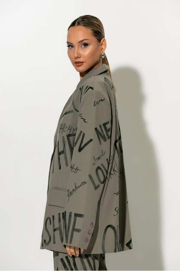 Oversized Blazer graffiti-style prints γκρι μπεζ Oversized Blazer graffiti-style prints γκρι μπεζ