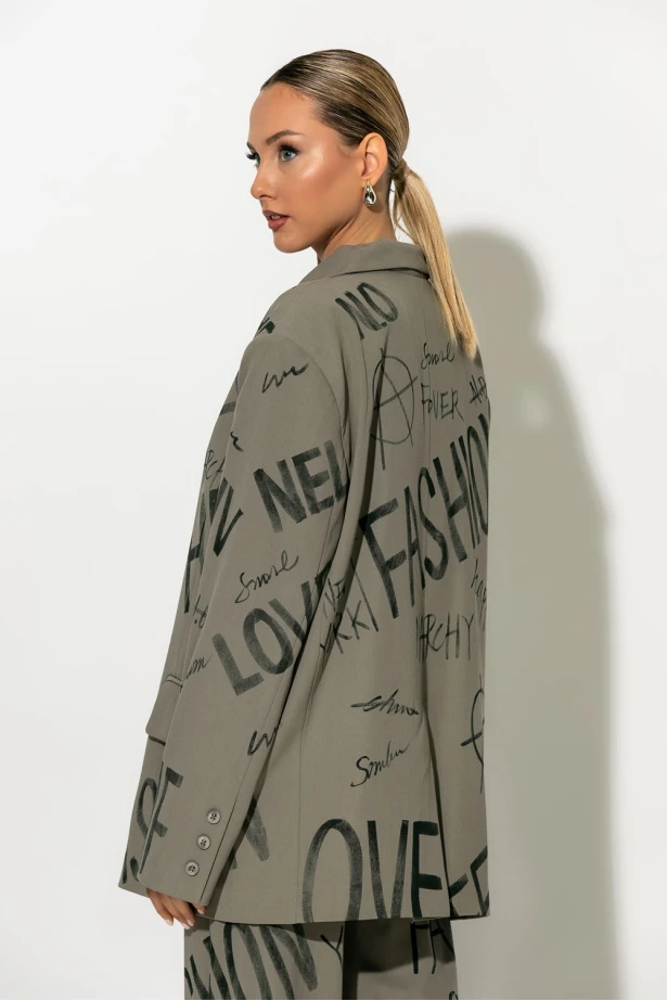 Oversized Blazer graffiti-style prints γκρι μπεζ Oversized Blazer graffiti-style prints γκρι μπεζ