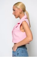 Cropped γιλέκο με γιακά και κουμπί ροζ