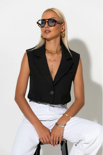 Cropped γιλέκο με γιακά και κουμπί σιέλ