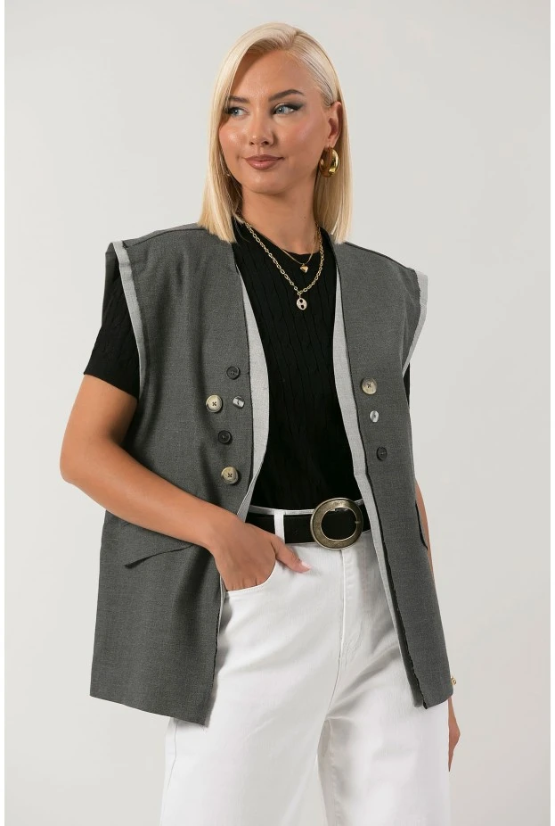 Αμάνικο blazer με διακοσμητικά κουμπιά ανθρακί