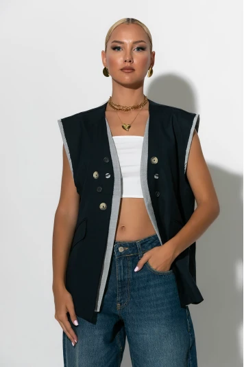 Αμάνικο blazer με διακοσμητικά κουμπιά μπλε 