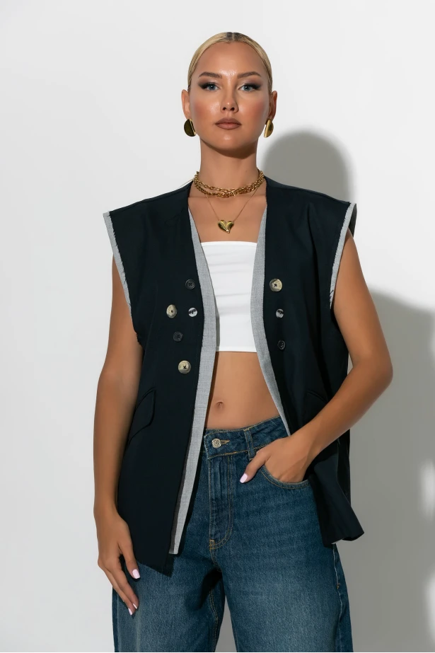 Αμάνικο blazer με διακοσμητικά κουμπιά μπλε 