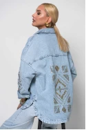 Jean jacket με boho κεντήματα και ξέφτια μπλε ανοιχτό